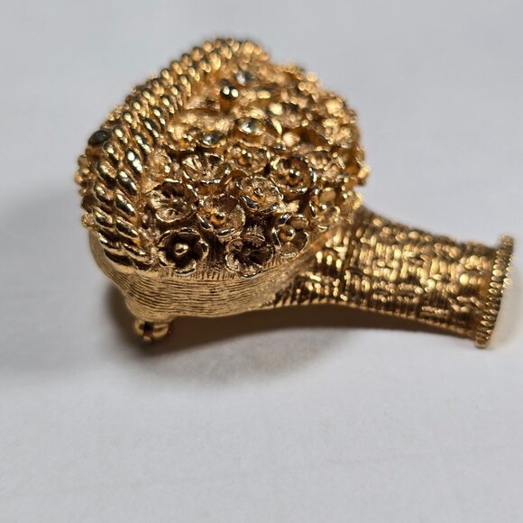 Avon Flower Basket Brooch Solid Perfume Locket Pin Signed Gold Toned Vintage 70s - Picture 4 of 10